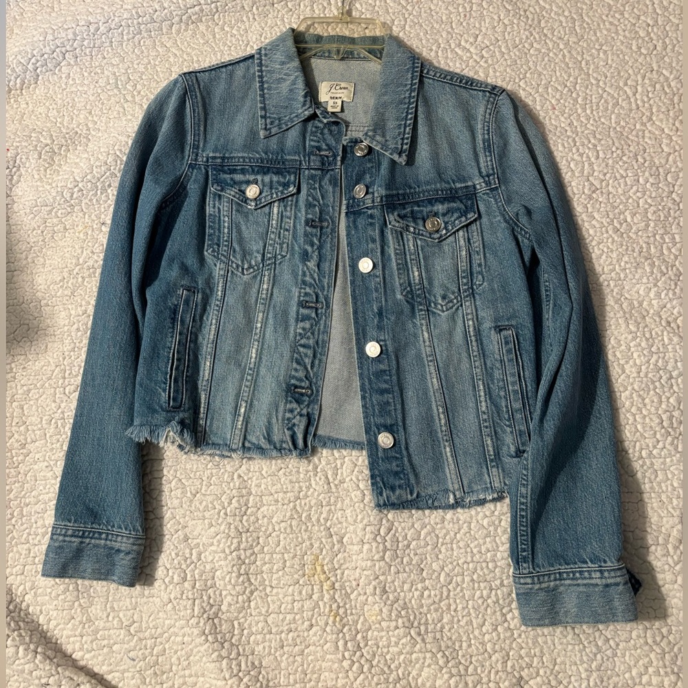 J Crew Classic Denim Jacket with raw hem.
